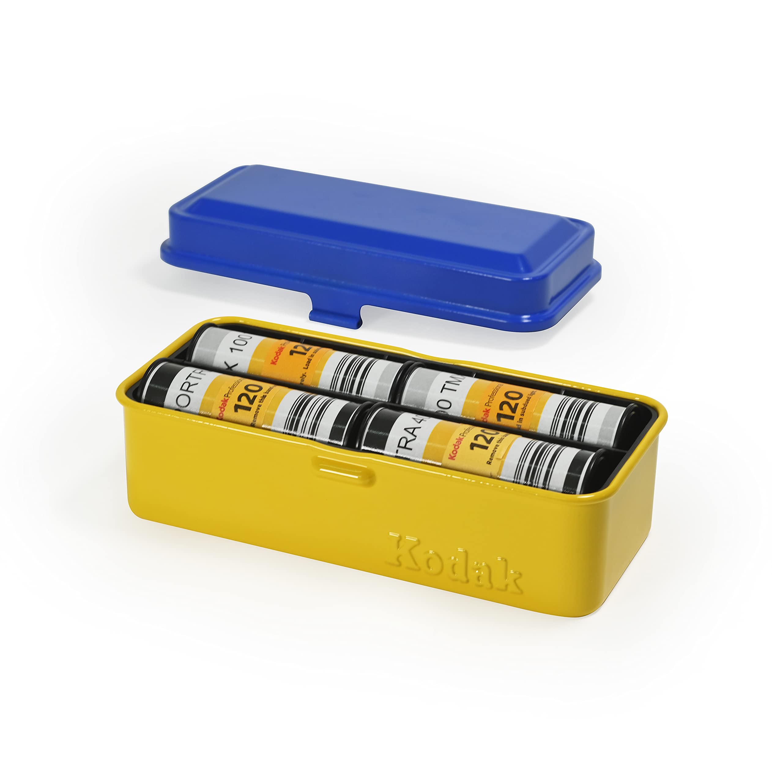 KODAK 120/135 Film Case - for 8 Rolls of 120 Films / 10 Rolls of 35mm Films - Retro Steel Case to Sort & Safeguard Film (Blue Top/Yellow Body)
