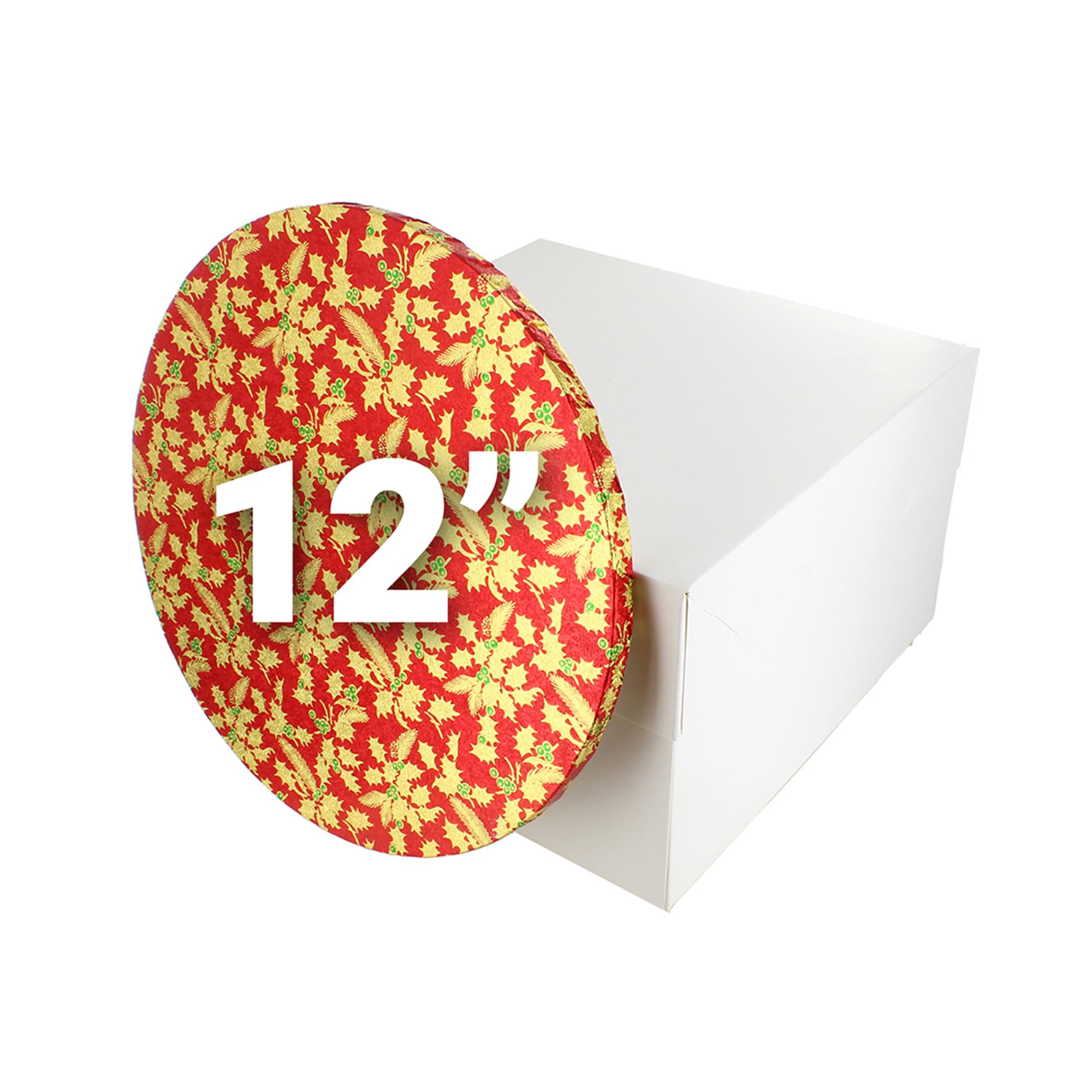 Culpitt Christmas Cake Board & Box Set | 12" (30cm), Red | White Cake Box & Gold Holly Drum, Festive Cake Transport Combo