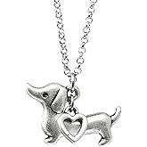Dachshund Charm Necklace, Wiener Dog Pet Lover Gift, Silver Metal with Heart Pendant on a Chain, Ladies I Love Hot Dog Datsun Short Hair