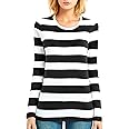 Zecmos Long Sleeve T Shirt Women Striped Tee Crew Neck Wide Stripes Tops Casual