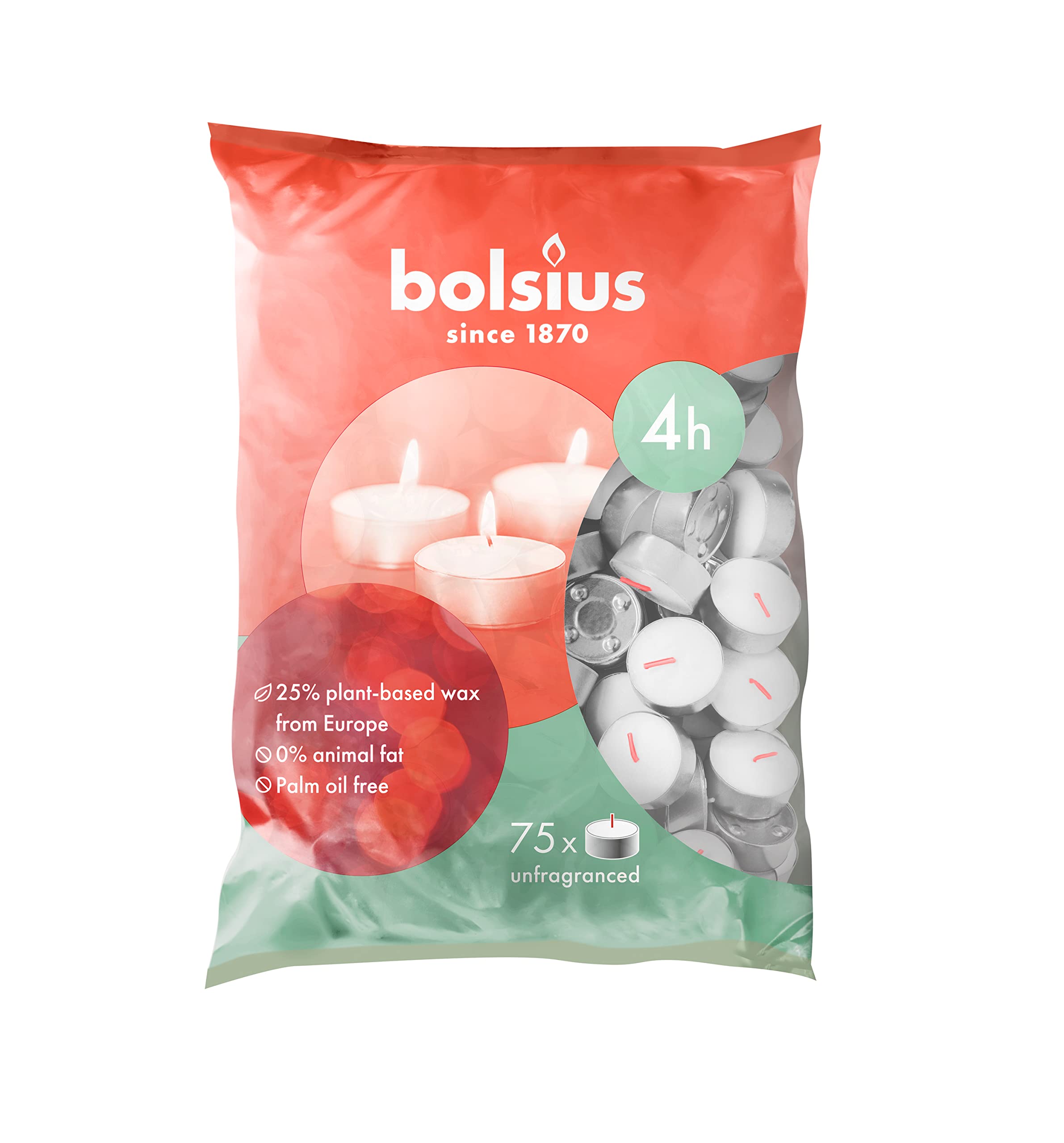 Bolsius D-Light Tea Lights - Pack of 75 - in Bag - Burning Time 4 Hours - Decorative Household Candles - White - Includes Natural Vegan Wax - Without Palm Oil