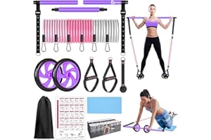 BBTOPS Pilates Bar Kit with Resistance Bands,Ab Roller,2 in 1 Foot Strap & Handle,Door Anchor Pilates Equipment with Resistance Bands, Portable Home Gym Yoga Fitness Bar for Women & Men