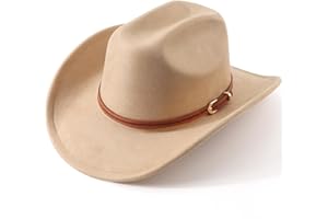 AQOKKA Western Cowboy Hats for Women Classic Felt Wide Brim Fedora Hat with Belt Buckle Retro Panama Hat Unisex Rolled up Cap