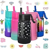 CHILLOUT LIFE 12 oz Kids Insulated Water Bottle for School with Straw Lid Leakproof and Cute Waterproof Stickers, Personalized Stainless Steel Thermos Flask Metal Water Bottle for Girls & Boys