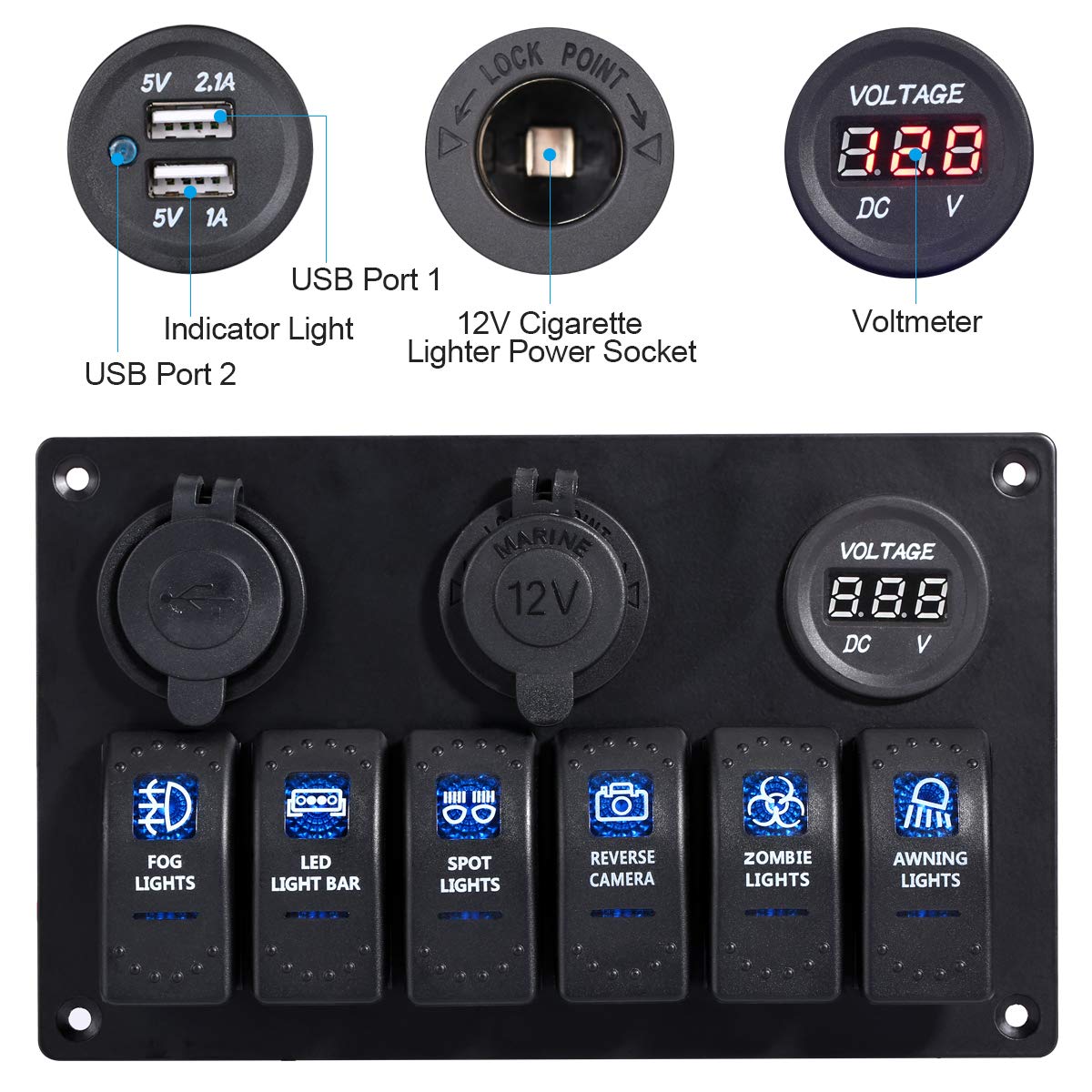 Garfour6 Gang Marine Boat Rocker Switch Panel, 12V Waterproof RV Led Switch Panel for Car Truck Marine Boat, Digital Voltmeter Display Dual USB Charger Port DC 12 Volt Socket 12/24V Blue Lighted: Industrial & Scientific