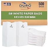 Duro 8# White Paper Lunch Bags 500 Count - Bulk White Paper Bags for Bread, Bagel, Deli & Restaurant Takeout or Delivery, Disposable Lunch Sacks - 6.12 x 4.12 x 12.43 Inches