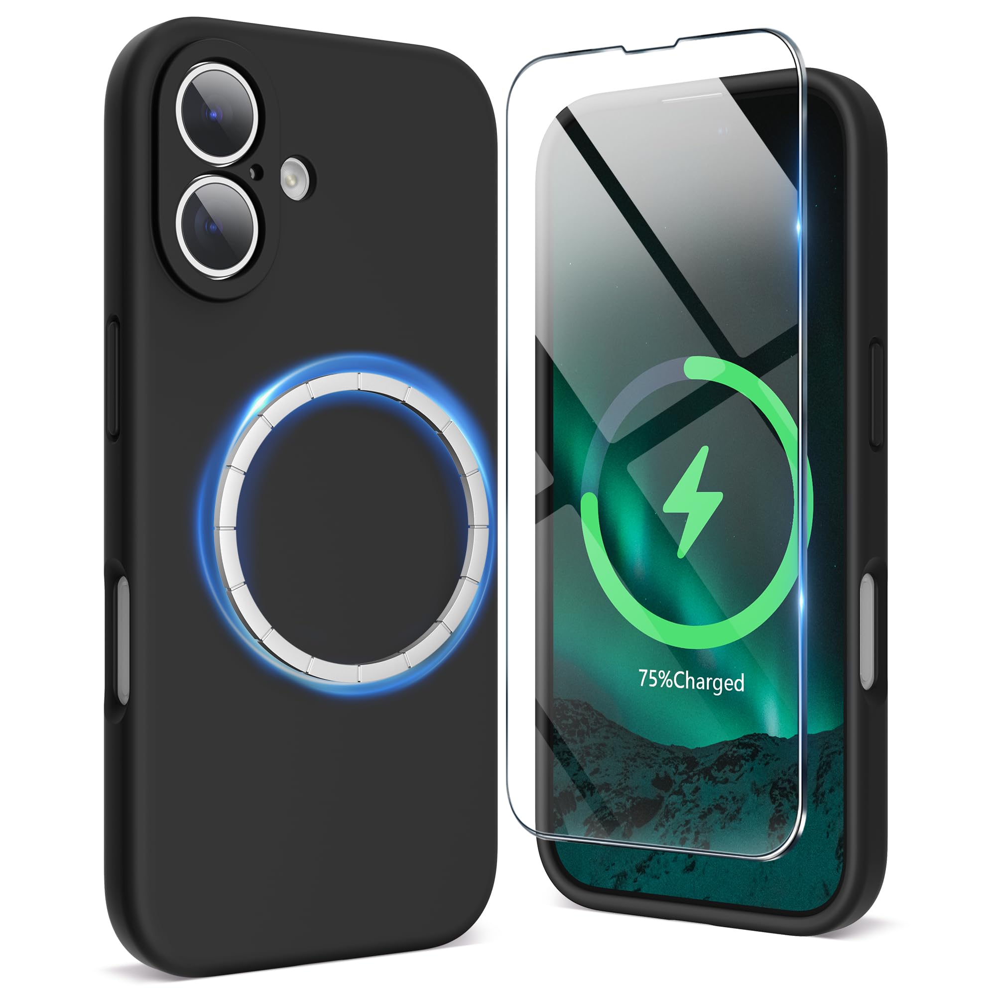SURPHY Magnetic Design for iPhone 16 Plus Case, Liquid Silicone Protection for Each Lens Shockproof Gel Rubber Phone Case for iPhone 16 Plus 6.7 inch 2024, Black