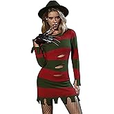 For G and PL Womens Halloween 3 Pcs Red and Green Striped Costume Long Sleeve Knitted Sweater Dress