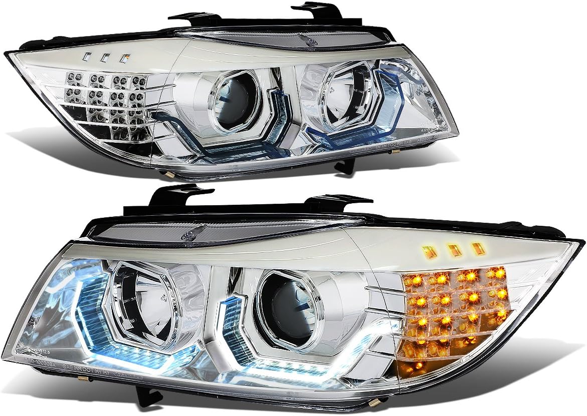 DNA Motoring HL-3D-E9005-CH-NEW-G2 Chrome Housing Dual Blue LED Crystal U-Halo Projector Headlights Compatible with 05-08 BMW E90 3 Series