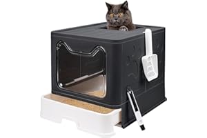 FOPHOP Foldable Cat Litter Box with Lid, Enclosed Potty, Large Top Entry Anti-Splashing Toilet, Easy to Clean Including Litter Scoop and 2-in-1 Cleaning Brush (Black)