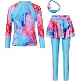 SunFocus Girls Long Sleeve Rashguard Half Zip Swimsuits UPF 50+ Two Piece Swim Sets with Hairband 5-12Y