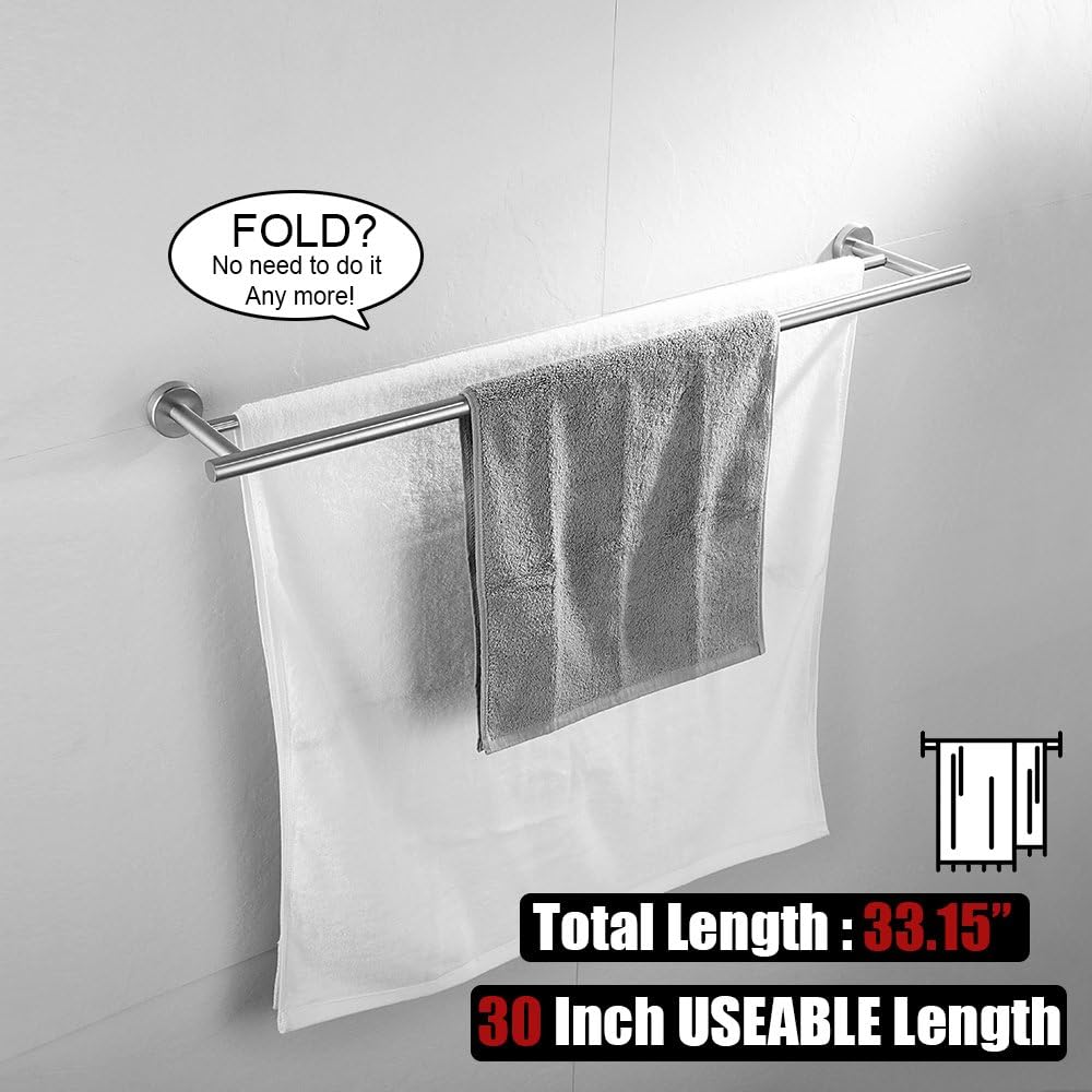 JQK Double Bath Towel Bar, 30 Inch Stainless Steel Towel Rack for Bathroom, Towel Holder Brushed Finished Wall Mount, 33 in Total Length, TB100L30-BN: Home & Kitchen