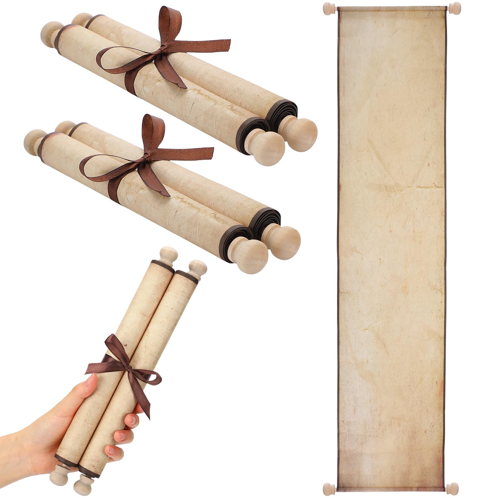 Photo 1 of MotiMind 1 Pack Blank Paper Scrolls 9 x 36 Inches Blank Scroll Paper with Wood Rods for Writing, Drawing, Calligraphy, Wedding Vows, Invitation, Renaissance Festivals