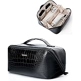 Yikisite Make Up Bag, Cosmetic Organizer for Women, Waterproof Croc PU Leather Makeup Organizer with Divider and Handle Toiletry Bag Travel Bag (Croc Embossed, Black)