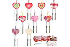 Fennoral 9 Pack Heart Wind Chime Kit for Kids Make You Own Love Wind Chimes DIY Colorful Valentine's Day Wooden Art and Craft for Kids Valentine's Day Party Decoration