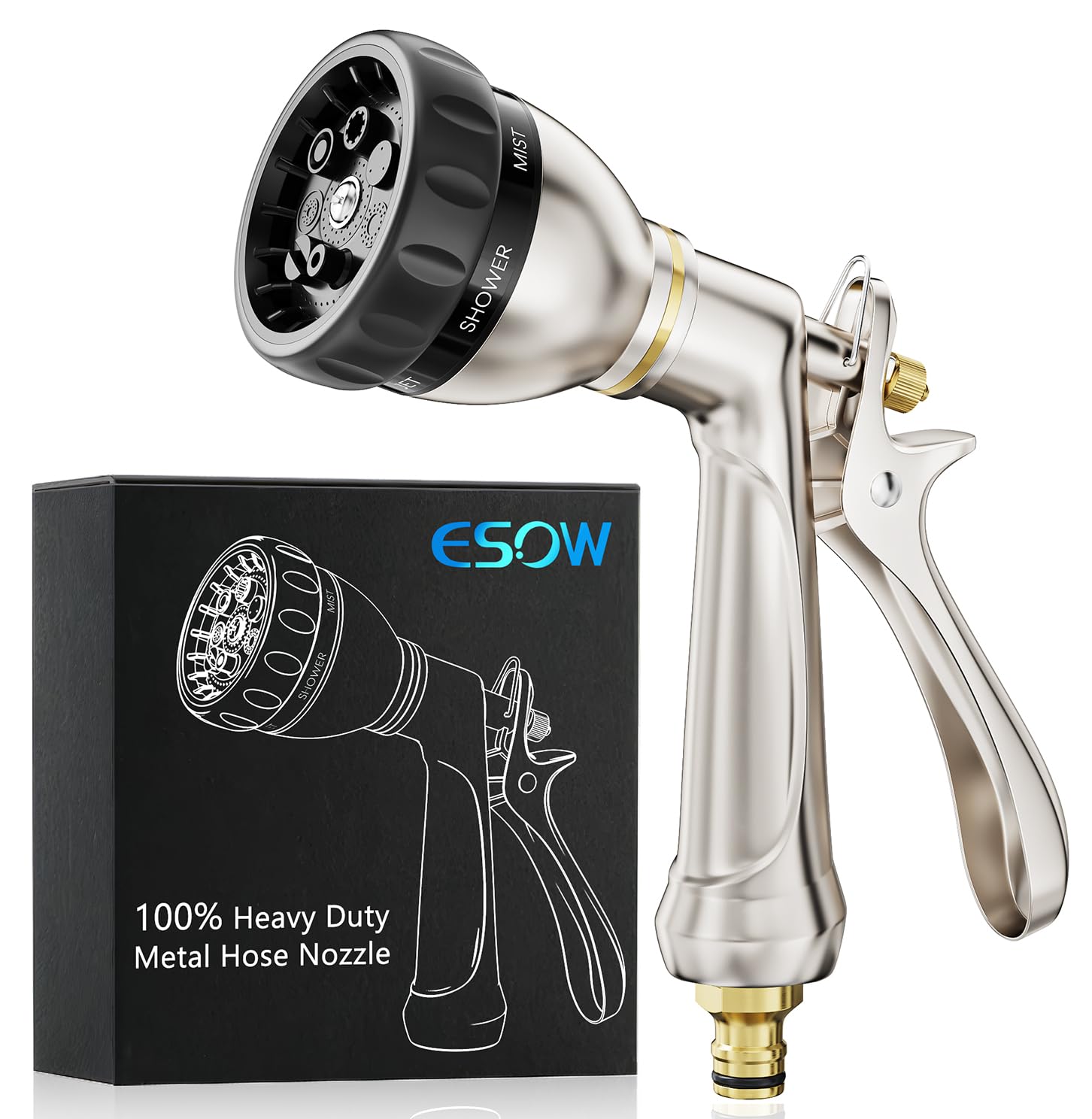 ESOW Garden Hose Nozzle HA-02, 100% Heavy Duty Metal, 8 Watering Patterns, Rear Trigger Design, Silver, High Pressure Sprayer for Plants, Car & Pet Washing