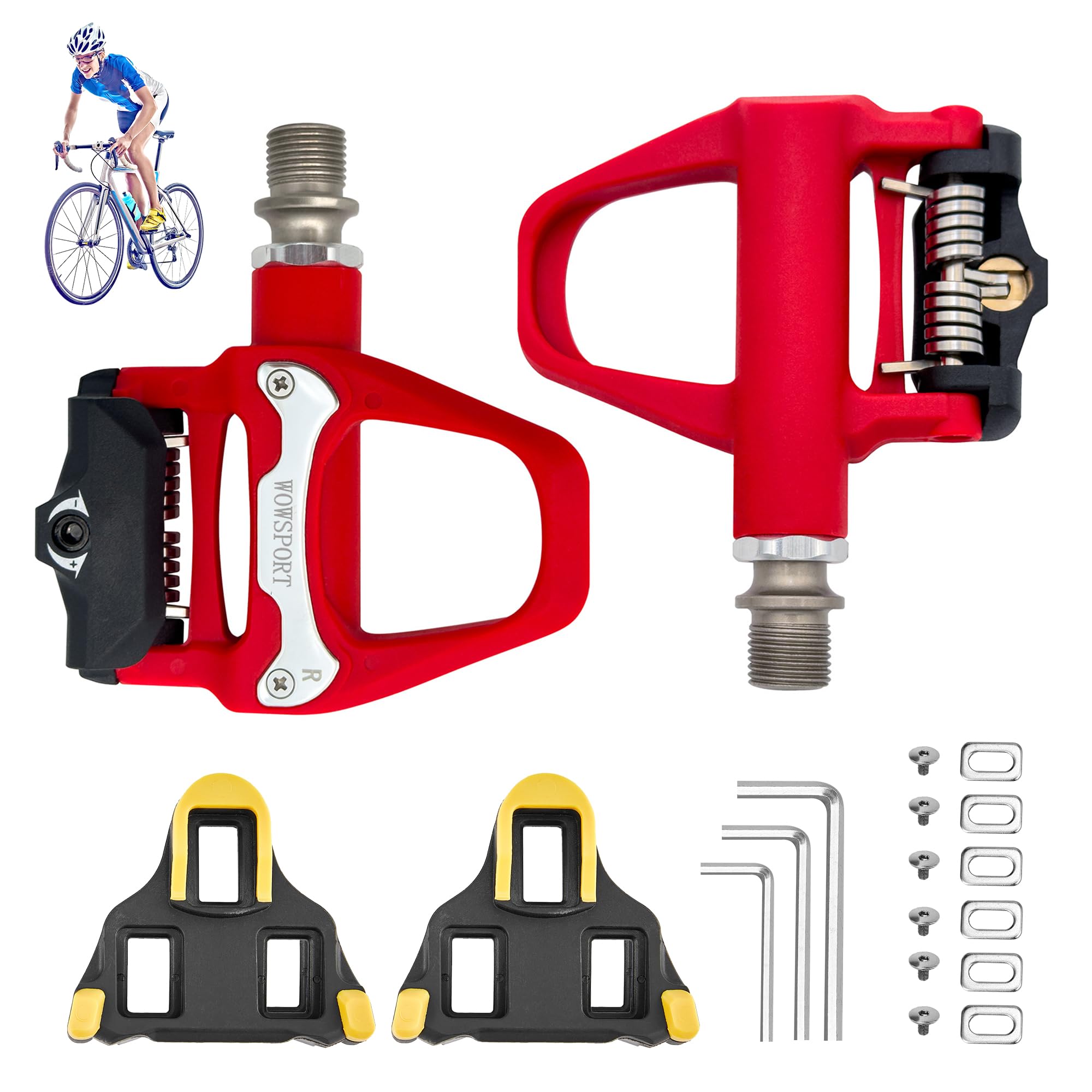 Photo 1 of WOWSPORT SPD-SL Road Bike Pedals - 9/16" Ultra-Lightweight Clipless Design with 3-Bolt Cleats, Nylon Composite & Sealed Bearings | SPD-SL Compatible (Red)