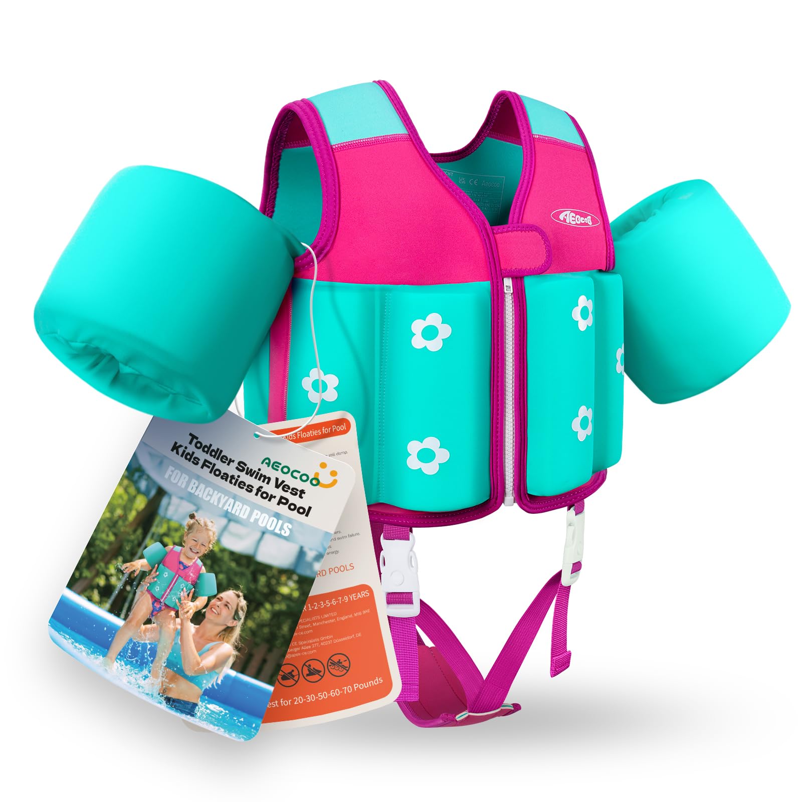 Photo 1 of AEOCOO Kids Pool Floaties 1-2-3-5-7-9 Years Old, Toddler Swim Vest 20-30-50-70 Pounds, Comfortable Extended Wear Kids Float Jacket with Crotch Strap, Bright Design and Unpadded Sides, Pink