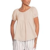 Zontroldy Women's Summer Cotton Blouses Tops Pleated Short Sleeve Crewneck Casual Babydoll Shirts Khaki