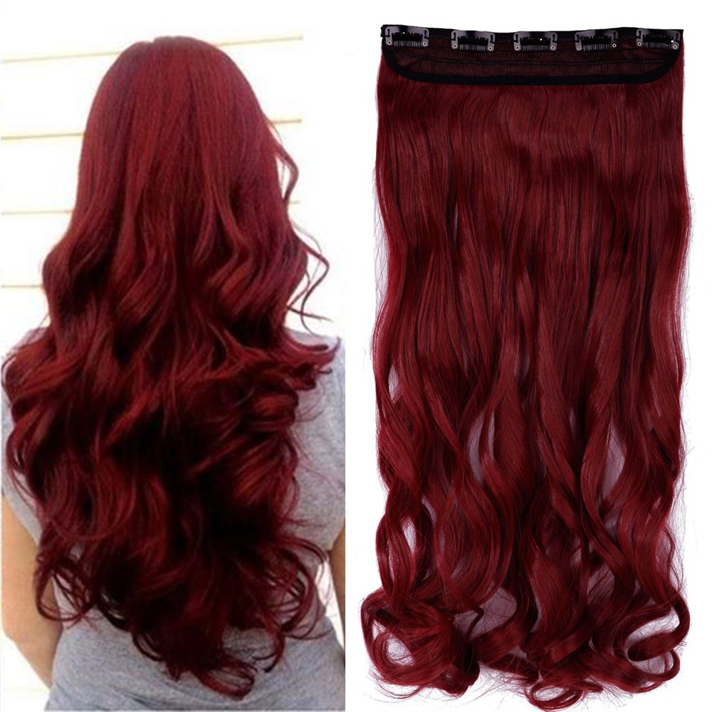 One Piece Wavy Clip in Hair Extensions - 24" Inch Maroon Mix Dark Red - Curly Hairpieces Natural Synthetic Hair — image 1