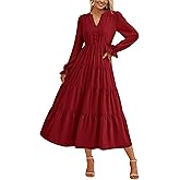 PRETTYGARDEN Long Sleeve Dress for Women Fall V Neck Tiered A Line Spring Elegant Modest Flowy Wedding Guest Maxi Dresses