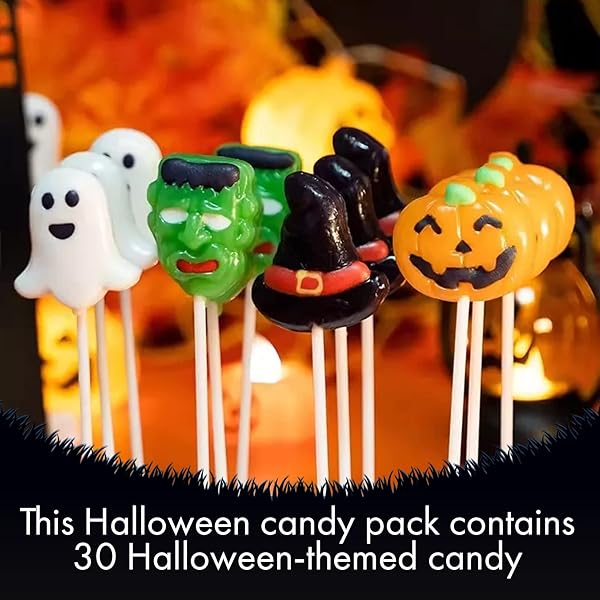 FUSION SELECT CANDY LOLLIPOPS – HALLOWEEN SUCKERS – TRICK OR TREAT CANDIES FOR KIDS – FRANKENSTEIN’S MONSTER, JACK O LANTERN, GHOST & WITCH HAT SWEETS – INDIVIDUALLY WRAPPED – 30 PER BOX