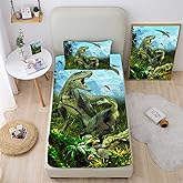 NiuOne Dinosaurs Bed Sheets Twin for Boys,3D Realistic Dinosaur Green Fitted Sheets Set Ancient Jungle Dinosaur Bed Sheet Kids Soft Microfiber Bedding Sheets Set (Blue Sky Dinosaurs, Twin)