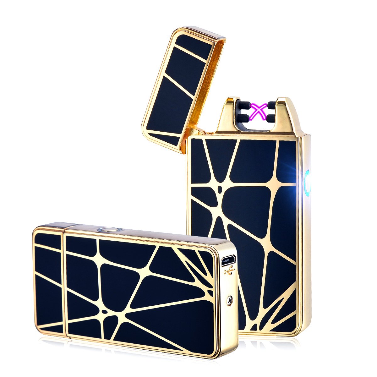 Accendino Arc elettrico antivento, ricaricabile con USB, senza fiamma, accendino per sigarette ricaricabile, ottimo regalo, senza gas, High-Gold