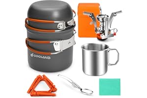 Odoland 8pcs Camping Cookware Mess Kit, Camping Pot and Pan Set with Mini Backpacking Stove, Stainless Steel Cup, Spork and Tank Bracket, Cooking Gear for Outdoor, Hiking, Picnic, Campfire