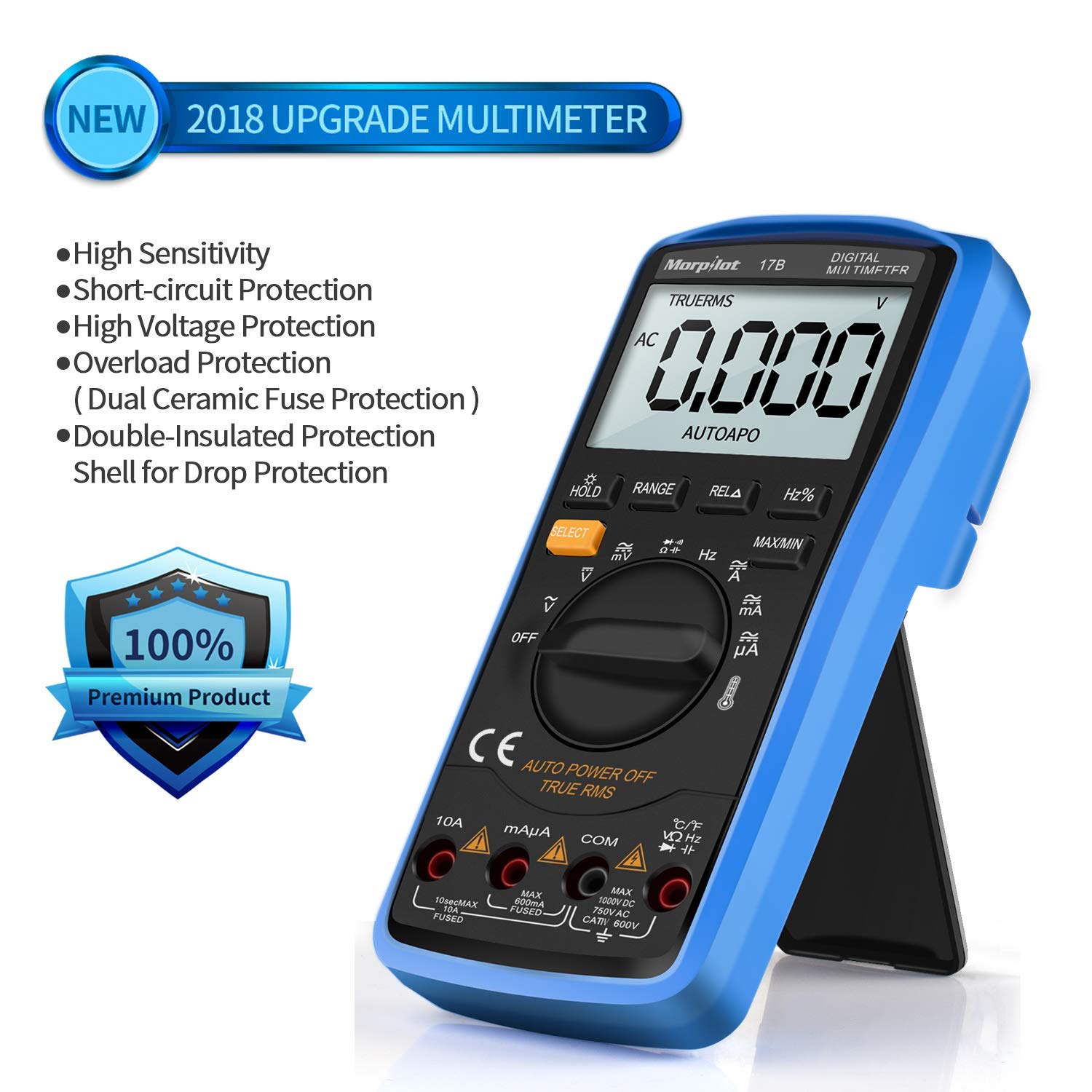 Digital Multimeter, Morpilot Auto-Ranging 6000 Counts DC/AC Voltage & Current, Resistance, Frequency, Continuity, Capacitance, Diode, Temperature, 3.0 Inch Backlight Large LCD Display & Test Leads