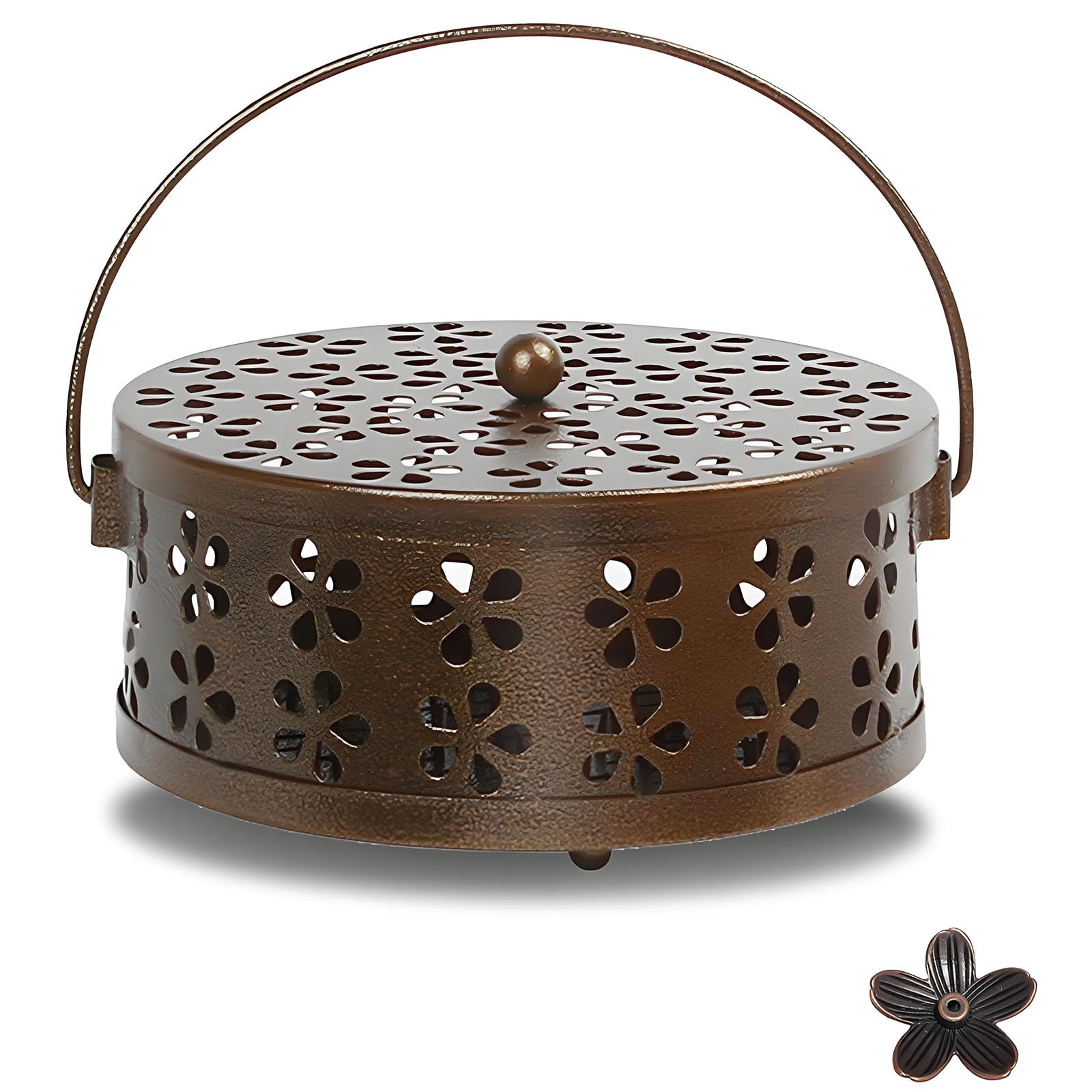 Mosquito Coil Holder, Spiral Coil Incense Burner with Lid Handle Classic Metal Incense Stick Holder for Home Garden Indoor Outdoor (Brown)