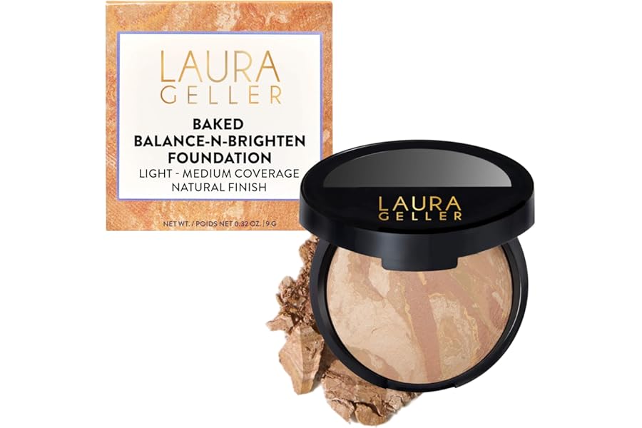 LAURA GELLER NEW YORK Award-Winning Baked Balance-n-Brighten Color Correcting Powder Foundation - Light - Buildable Light to Medium Coverage - Demi-Matte Natural Finish