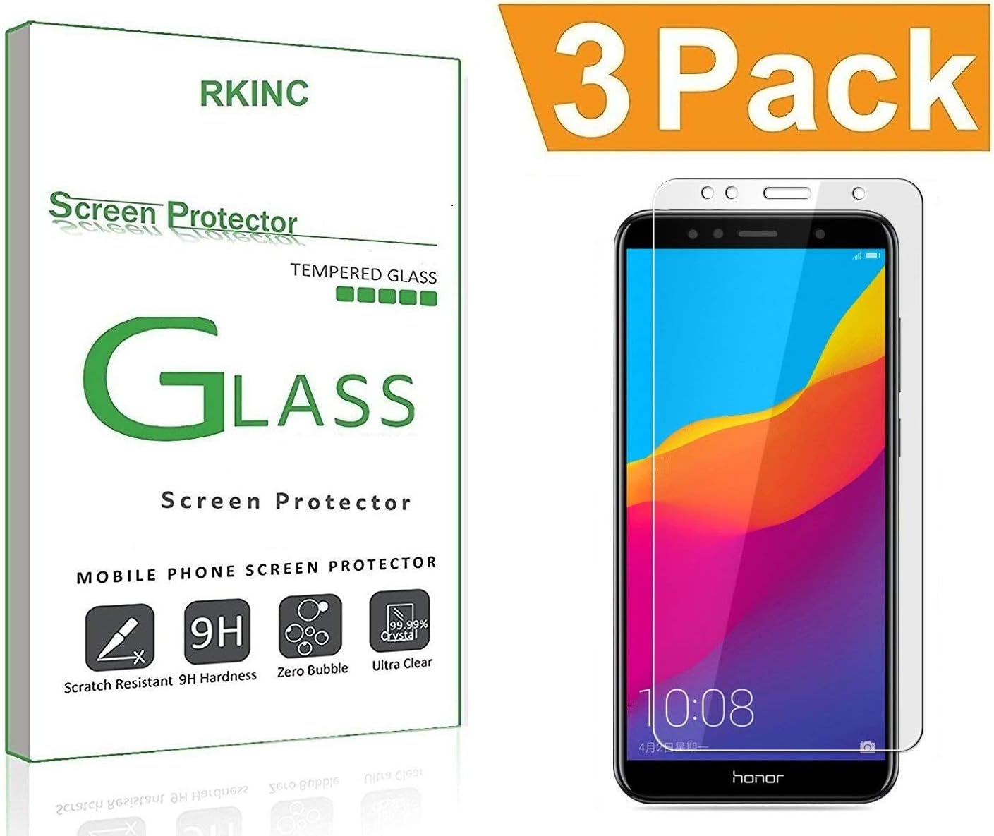 RKINC Huawei Honor 7A/Huawei Y6 2018 Screen Protector, [3 Pack] Tempered Glass Screen Protector for Huawei Honor 7A/Huawei Y6 2018 with [9H Hardness] [Crystal Clear] [Scratch Resist]