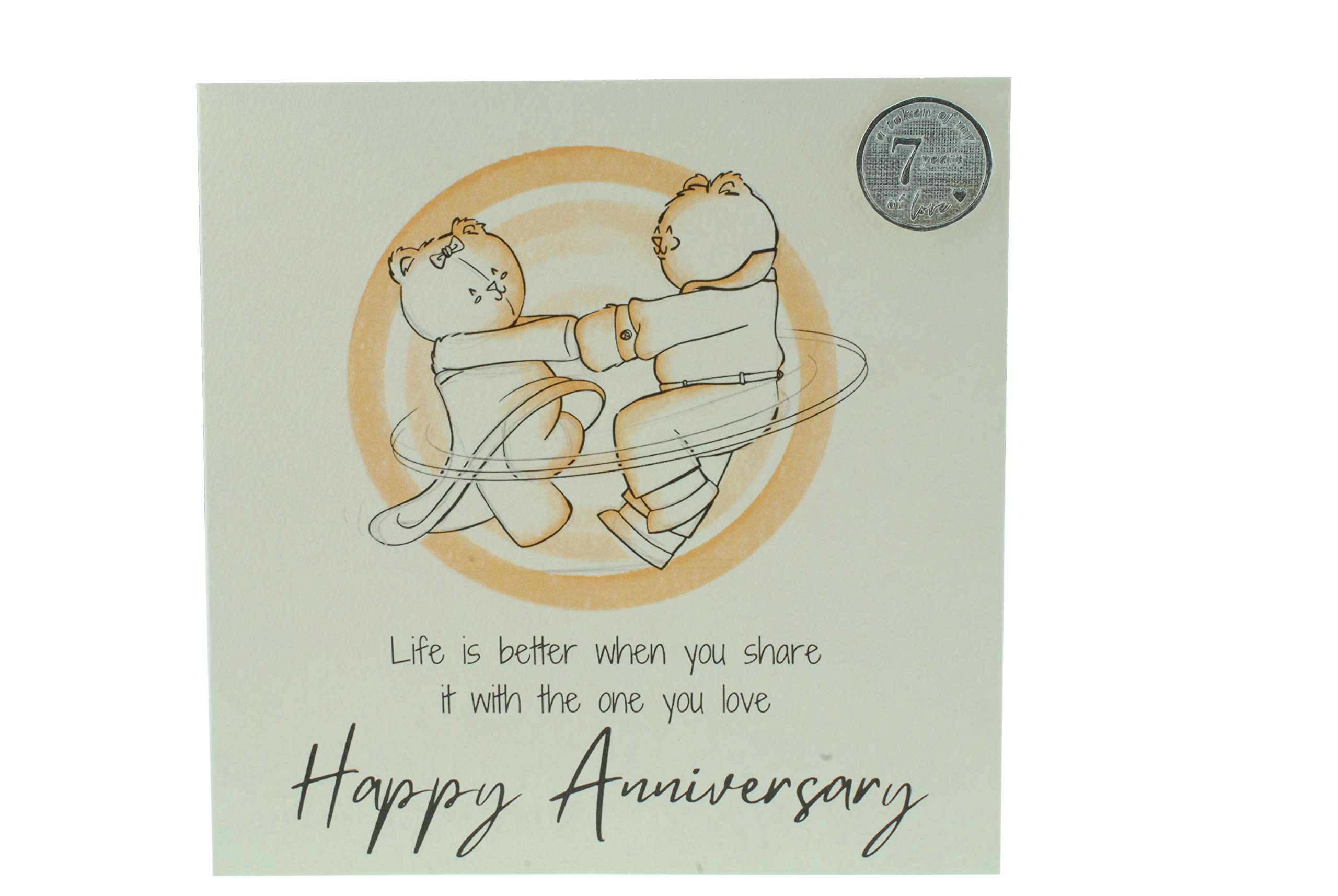 Cute 7th Wedding Anniversary Card, Dancing Bears – Free Metal 7th Anniversary Love Token Gift (gc-annidancing07)