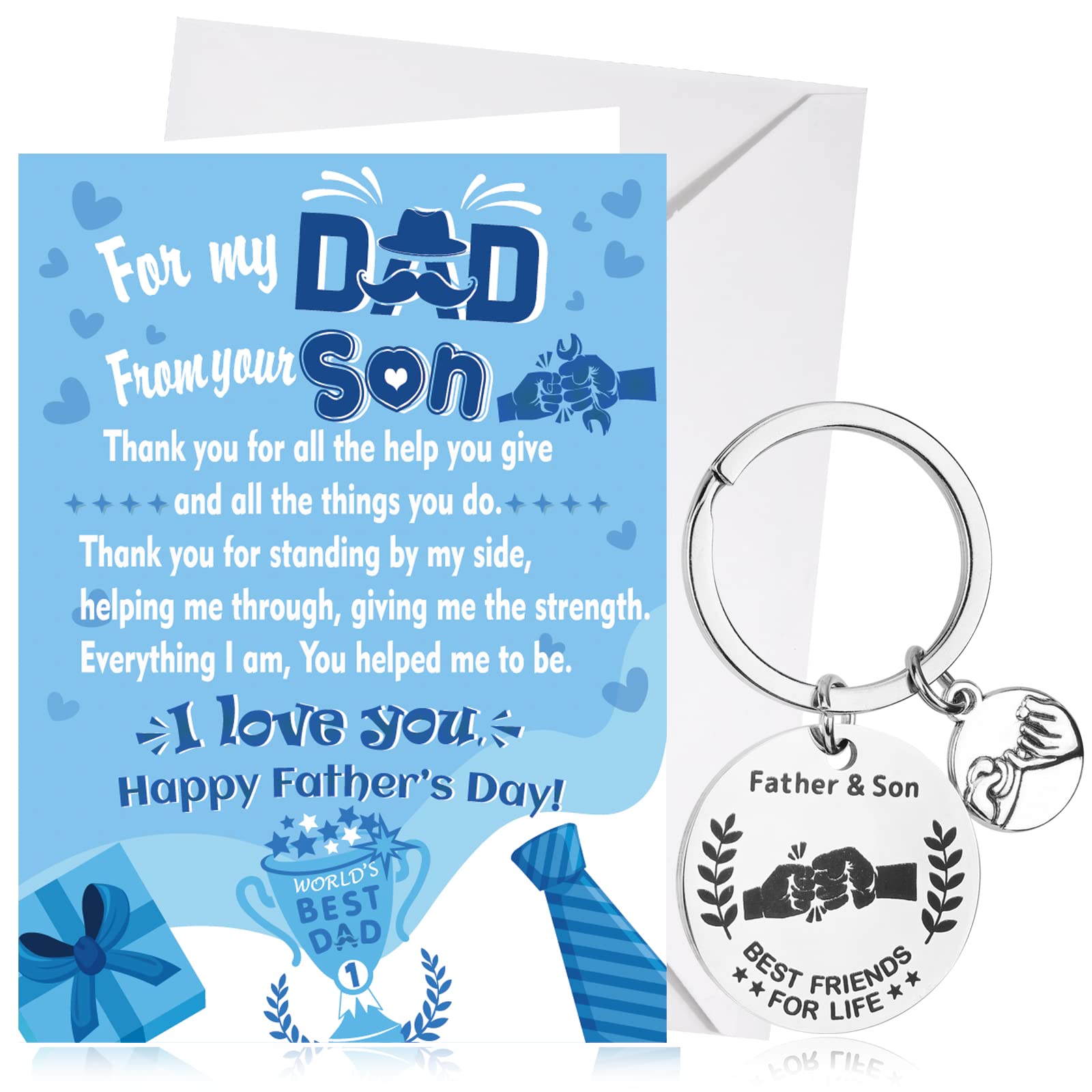 HOWAF Happy Fathers Day Card from Son, Father's Day Card from Son Dad Card Fathers Day Cards Fathers Day Keyring Dad Keyring Engraved Fathers Day Gift Father's Day Gift for Dad from Son — image 1