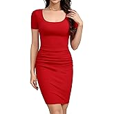Missufe Women's Scoop Neck Short Sleeve Ruched Bodycon Sundress Ribbed Knit Slim Fit Casual Pencil Dress