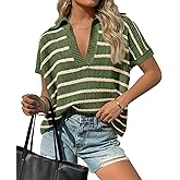 Saodimallsu Womens Striped Short Sleeve Sweater Tops Summer V Neck Collared Trendy Casual Loose Knit Pullover Shirt