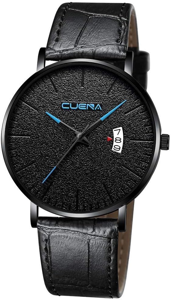 Men's Simple Design Blue Pointer Watches Casual Ultra-Thin Date Window Leatherette Quartz Wristwatches