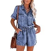 Paintcolors Women's Button Down Pockets Belted Washed Denim Jumpsuits Rompers