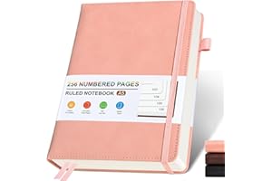 UEBZFOCS Lined Leather Journal Notebook for Women Men, Hardcover Journals with 256 Numbered Pages, A5 Journaling Notebooks for Writing, 100GSM Thick Ruled Paper for Business Work School 5.75"×8.38", Pink