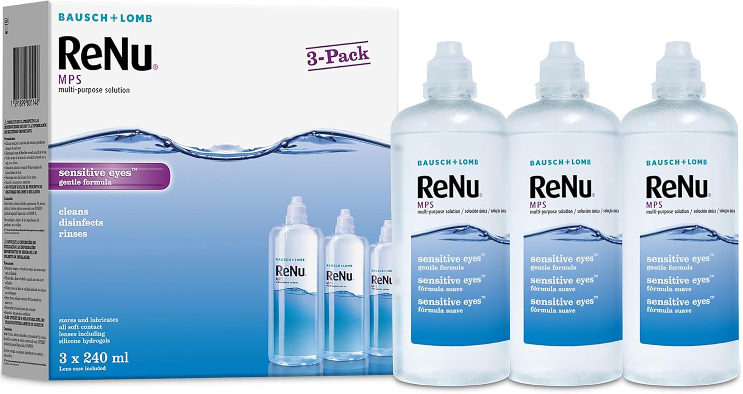 ReNu Multi-Purpose Contact Lens Solution 3 x 240 ml - Soft Contact Lenses for Comfortable Wear - Gentle on Sensitive Eyes - Clean, Disinfect, Rinse, Lubricate and Store your Lenses, Lens Case Included
