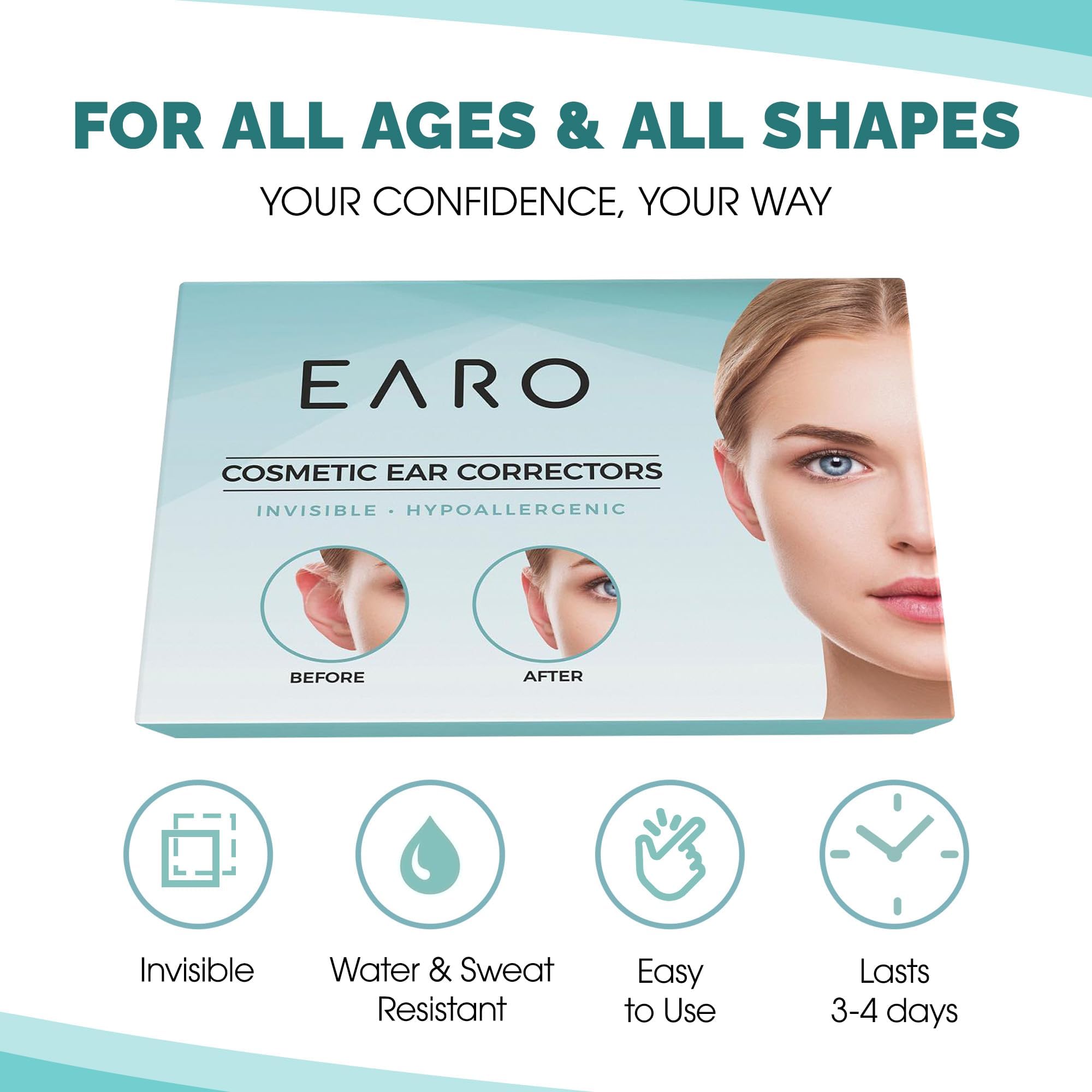 Earo Cosmetic Ear Corrector – Stronger Ear Tape Patches to Hold Back Protruding Ears Without Surgery – Discreet Ear Stickers for Big Ears - Ear Pinning Tape without Surgery – 20 Pack – Clear, One Size