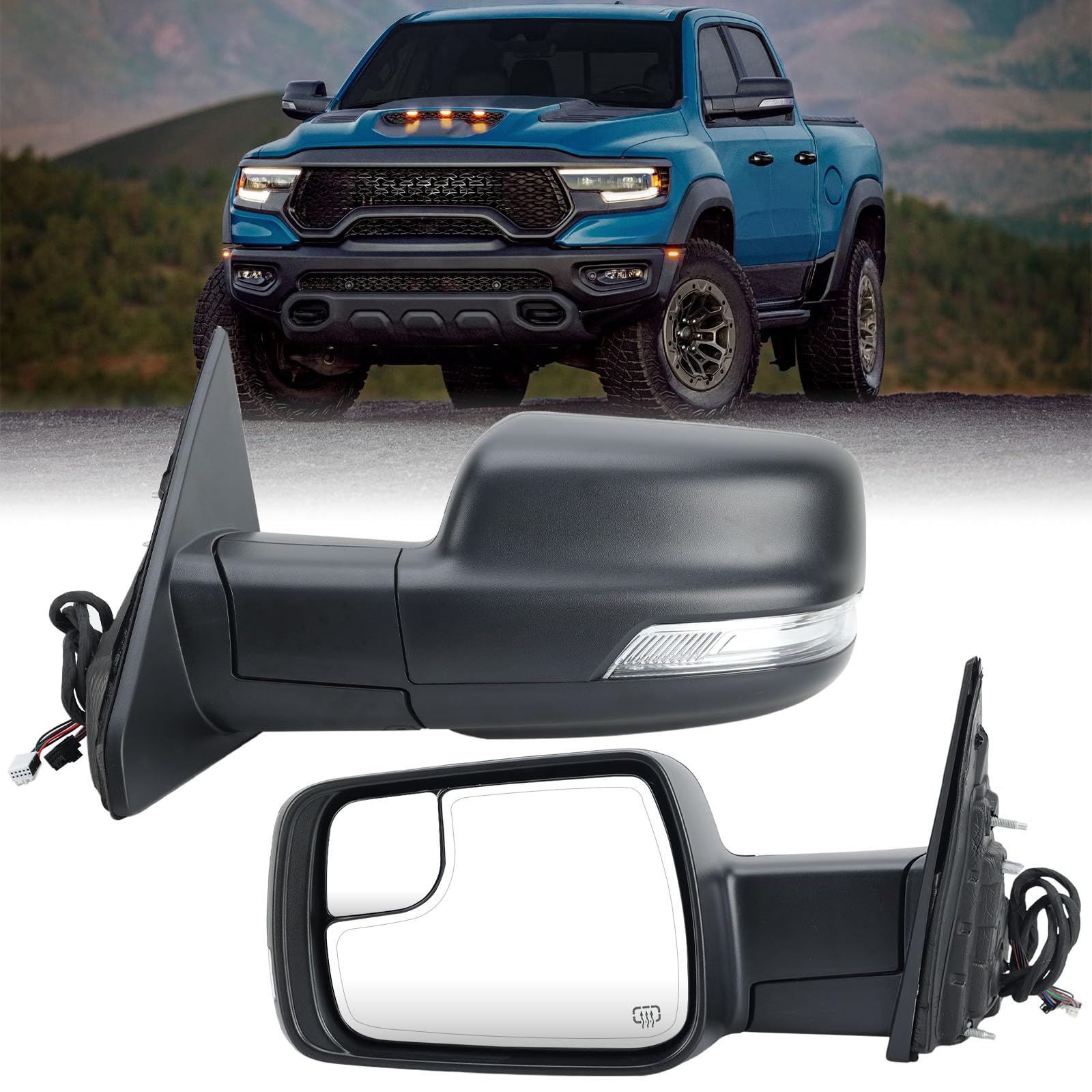 Photo 1 of Left Driver Side Mirror Compatible with Ram 1500 2019-2025 Power Folding/Temperature Sensor/Heated/with Turn Signal/Puddle Light/Power Glass Texture Black (14 pins)