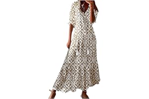 SCRRMZO Womens Boho Dresses Casual Beach Summer Dress Tassel Tie Neck Half Sleeve Maxi Sundress Floral Print Cover Up