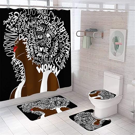 MrLYouth African American Shower Curtain Sets with Rugs,Quote Hair Girl