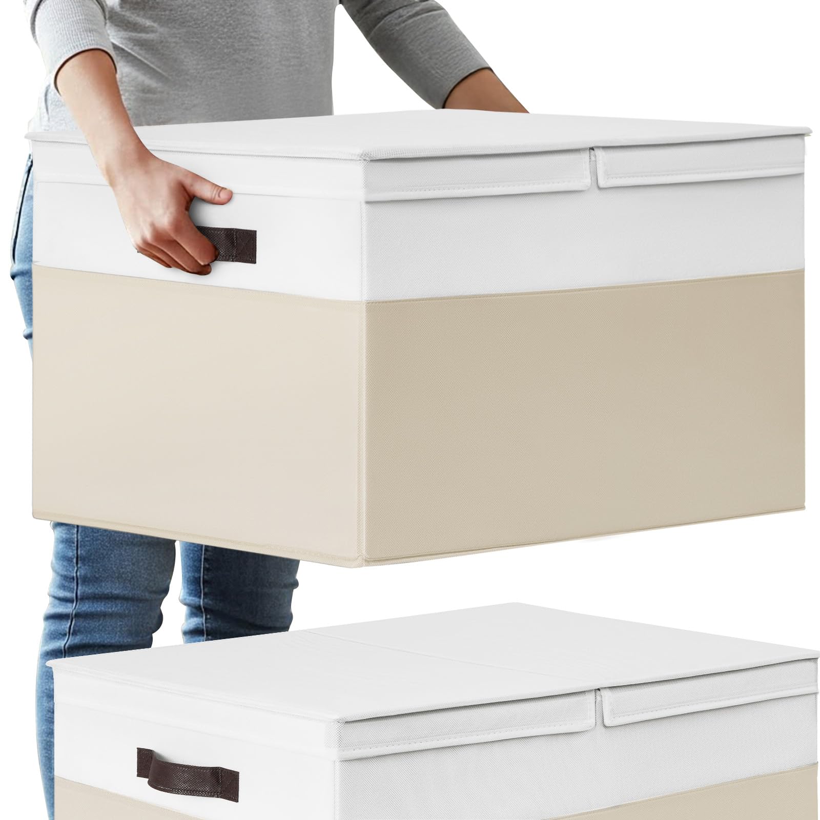 Photo 1 of 2 Pack EXTRA LARGE Blanket Storage Baskets with Lids, 22”x16”x12” Closet Organizers Bins for Clothes Towel/ Toy Storage Box with Lid Handles/ Stackable Decorative Fabric Bins for Living Room, Nursery