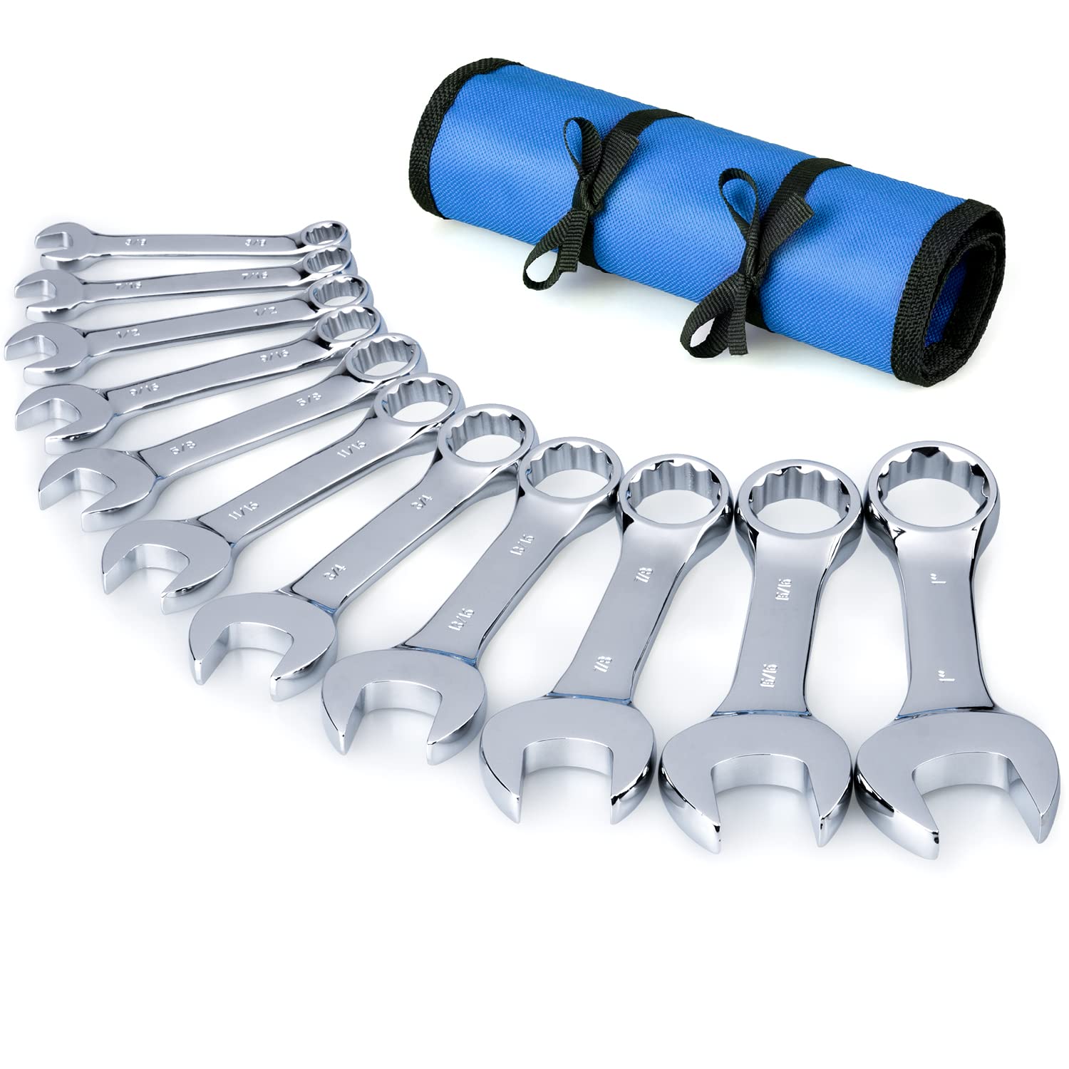 Photo 1 of Premium Stubby Combination Wrench Set with Roll-up Pouch, 11-Piece, SAE, 3/8” to 1”, No Skipped Inch Size | Cr-V Steel, Mirror Polished Finish | Short Length and Slim Body, Perfect for Confined Areas