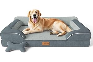 CWAWZ Extra Large Dog Bed, Orthopedic Dog Bed with Cooling Gel Memory Foam, Waterproof XL Dog Bed with Removable Washable Cover, 42" Dog Sofa Couch Dutch Velvet with Bone Toy, Dark Gray