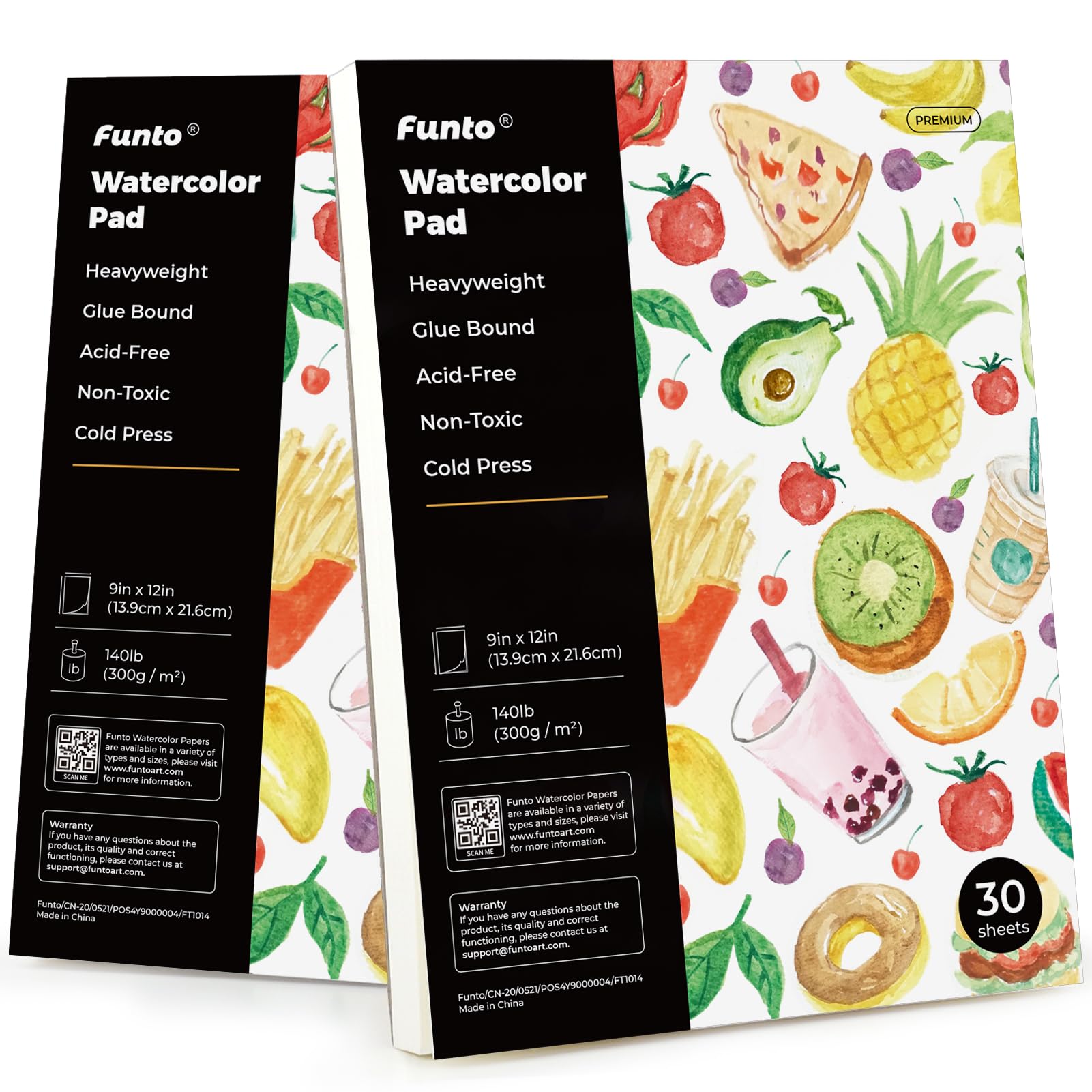 Funto Watercolour Paper Pads, 9"x12", 30 Sheets (140lb/300gsm) Pack of 2, Acid Free Heavyweight Art Paper for Painting, Drawing & Art Supplies, Cold Pressed Watercolour Sketchbooks for Drawing