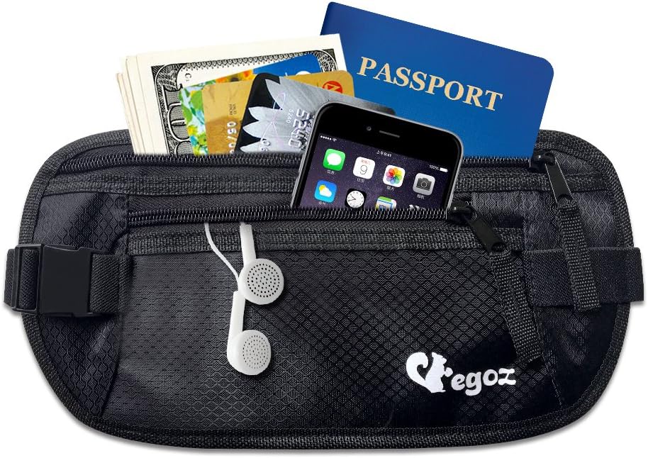 Egoz Travel Money Belt RFID Blocking - Under Clothes Waist Bag - Hidden Security Pouch For Cash Cards Passport Tickets - 2 Zip Pockets Adjustable Strap Side Clip Washable Light Slim Comfort